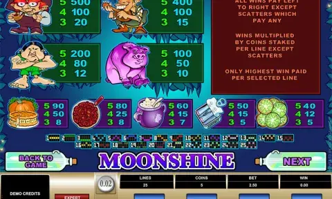 Moonshine Slot Paytable