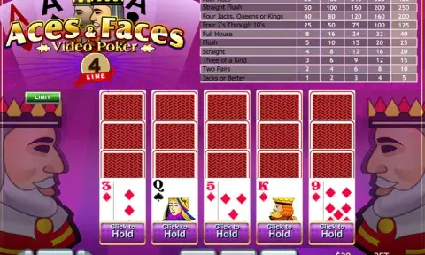 Игра на видео покер с 4 линии Аса и Лица